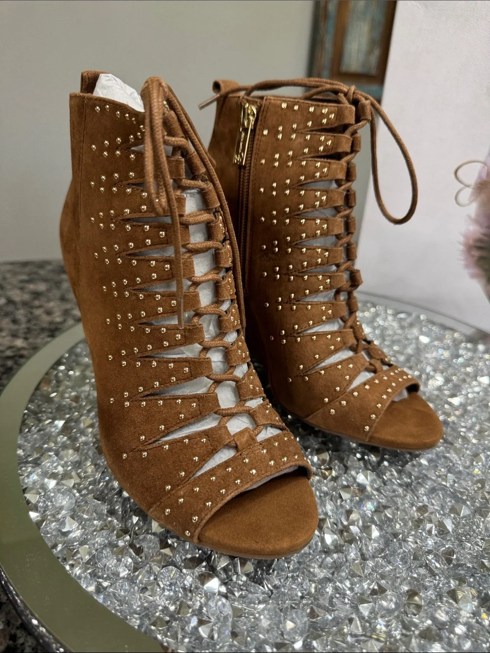 Jessica Simpson Brown Suede Lace-Up Studded Wedge Sandals NEW 6.5